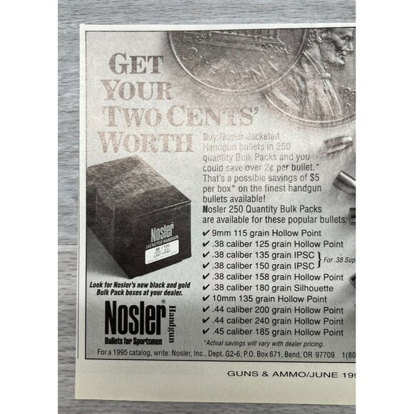 Nosler Jacketed Handgun Bullets for Sportsmen Vintage Print Ad Bend OR - Picture 4 of 6